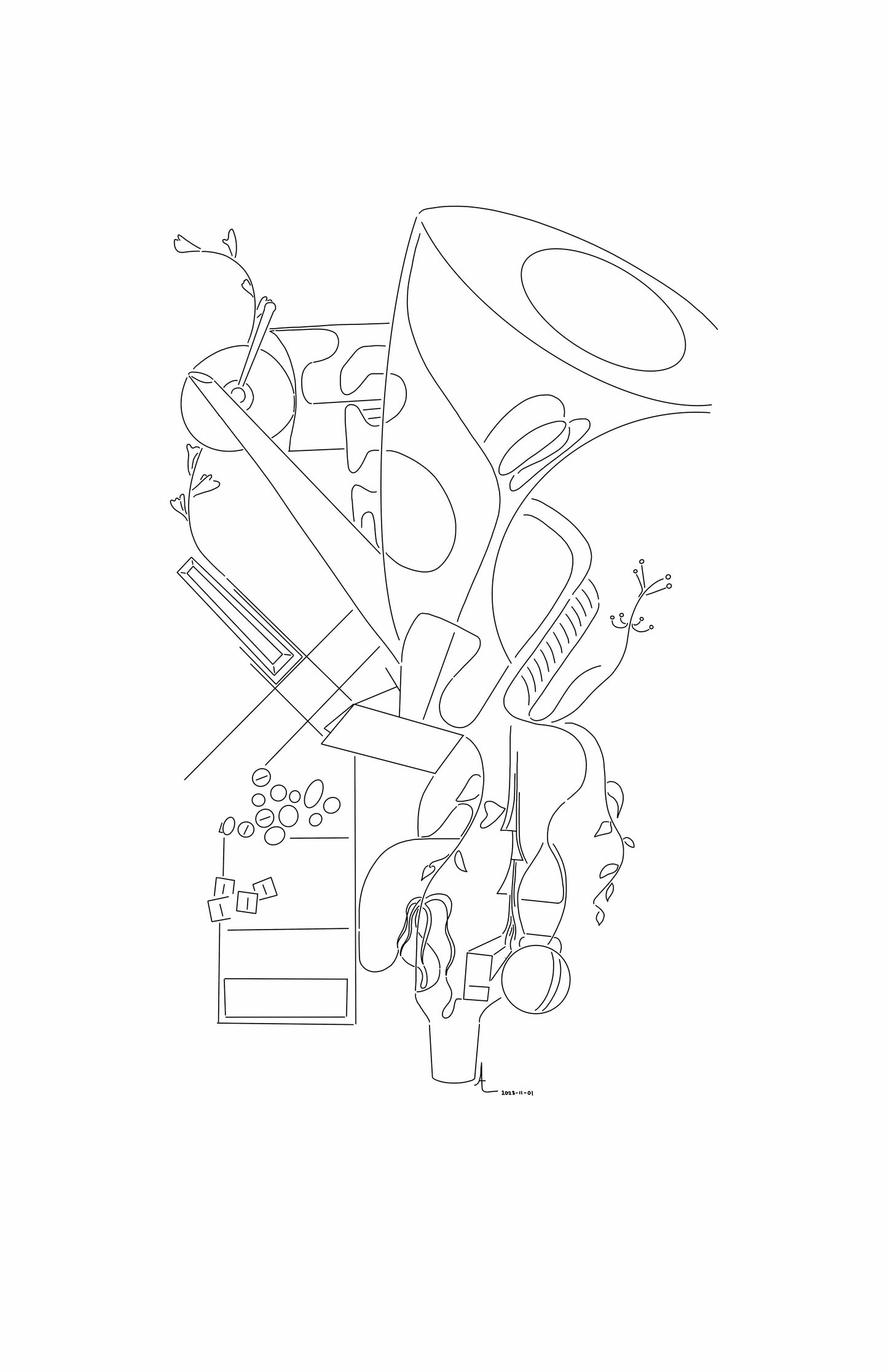 “The Tubist” - Modern, Contemporary, Abstract Black and White Line Tuba Illustration, Custom Size Archival Quality Fine Art Print (Giclee)
