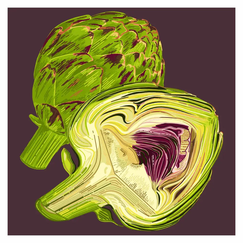 Artichoke Print with one whole and one cut in half to show the cross section. It is detailed with fine lines and has a dark brown/purple background.