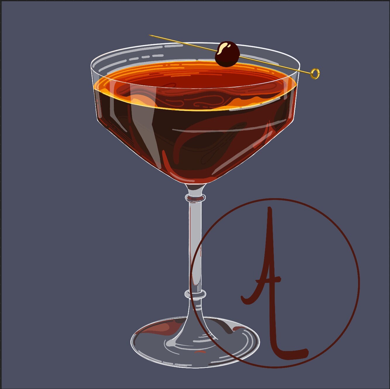 “Couped up in Manhattan” - Modern, Contemporary Manhattan Cocktail Coupe Illustration, Custom Size Archival Quality Fine Art Print (Giclee)