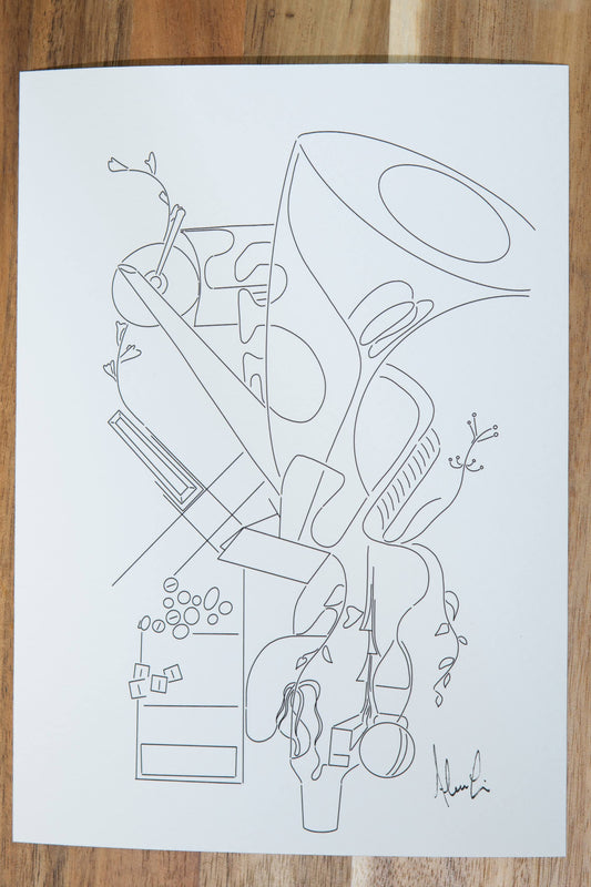 “The Tubist” - Modern, Contemporary, Abstract Black and White Line Tuba Illustration, Custom Size Archival Quality Fine Art Print (Giclee)