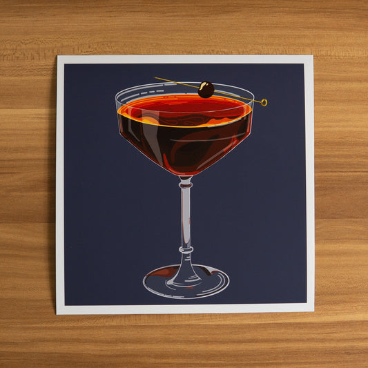 “Couped up in Manhattan” - Modern, Contemporary Manhattan Cocktail Coupe Illustration, Custom Size Archival Quality Fine Art Print (Giclee)